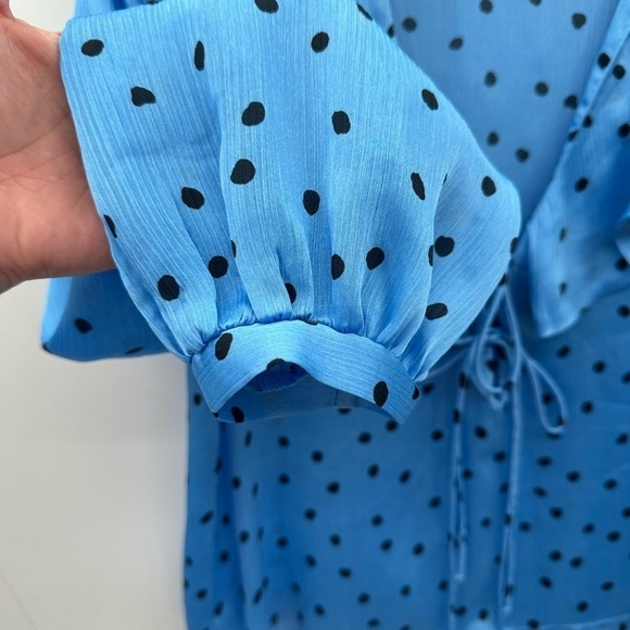 Y2K ZARA Blue-black polka-satin Deep V lace up ruffle coquette satin blouse S - Picture 7 of 10